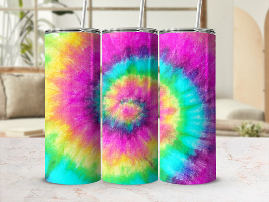 Tie-dye tumbler with vibrant pink, yellow, and teal spiral design.