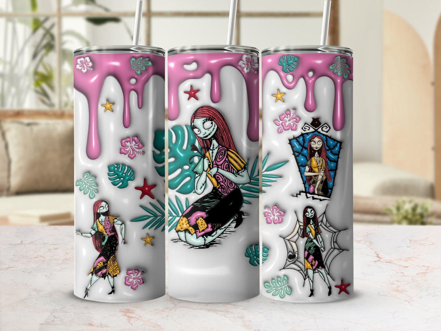 Tumbler with Jack Skellington's bride, Sally, and Halloween motifs.