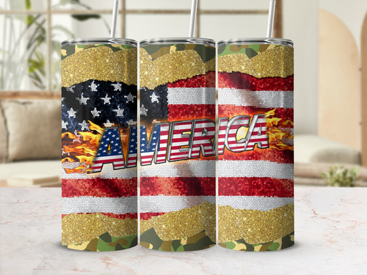 Tapered tumbler with USA flag, flames, and "AMERICA" text, gold glitter accents.