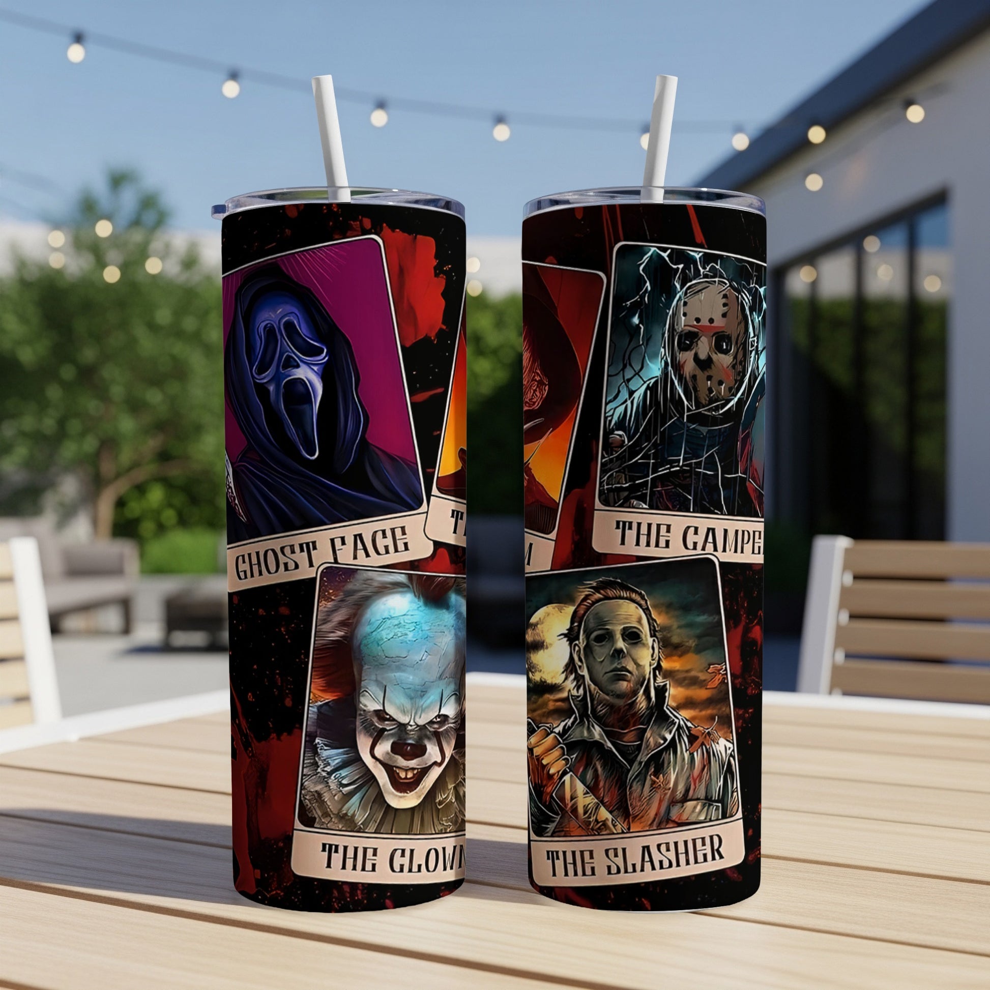 Tumblers featuring Ghostface, Pennywise, Jason Voorhees, and Michael Myers with their names.