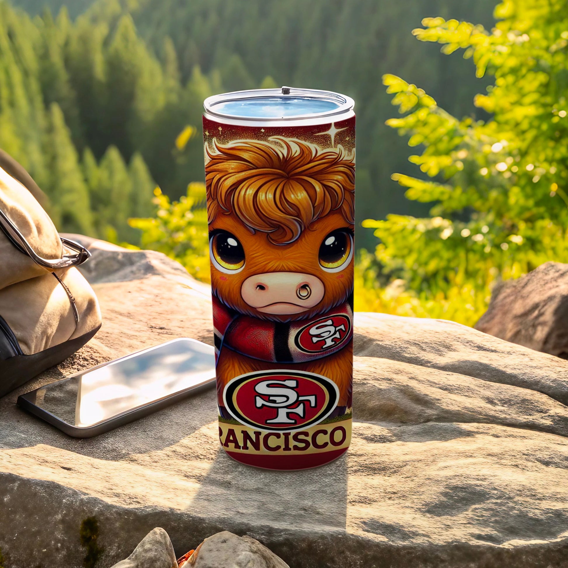 San Francisco 49ers tumbler with a cartoon bull wearing team gear.