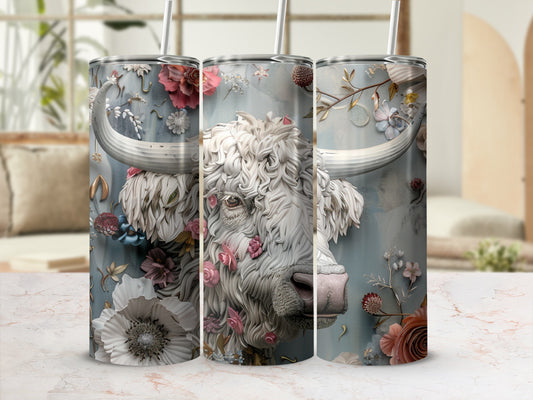 White bull head with floral accents on a textured background.
