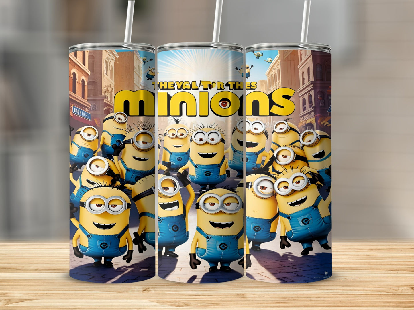 Minions from Despicable Me gather in a city street scene on a tumbler.