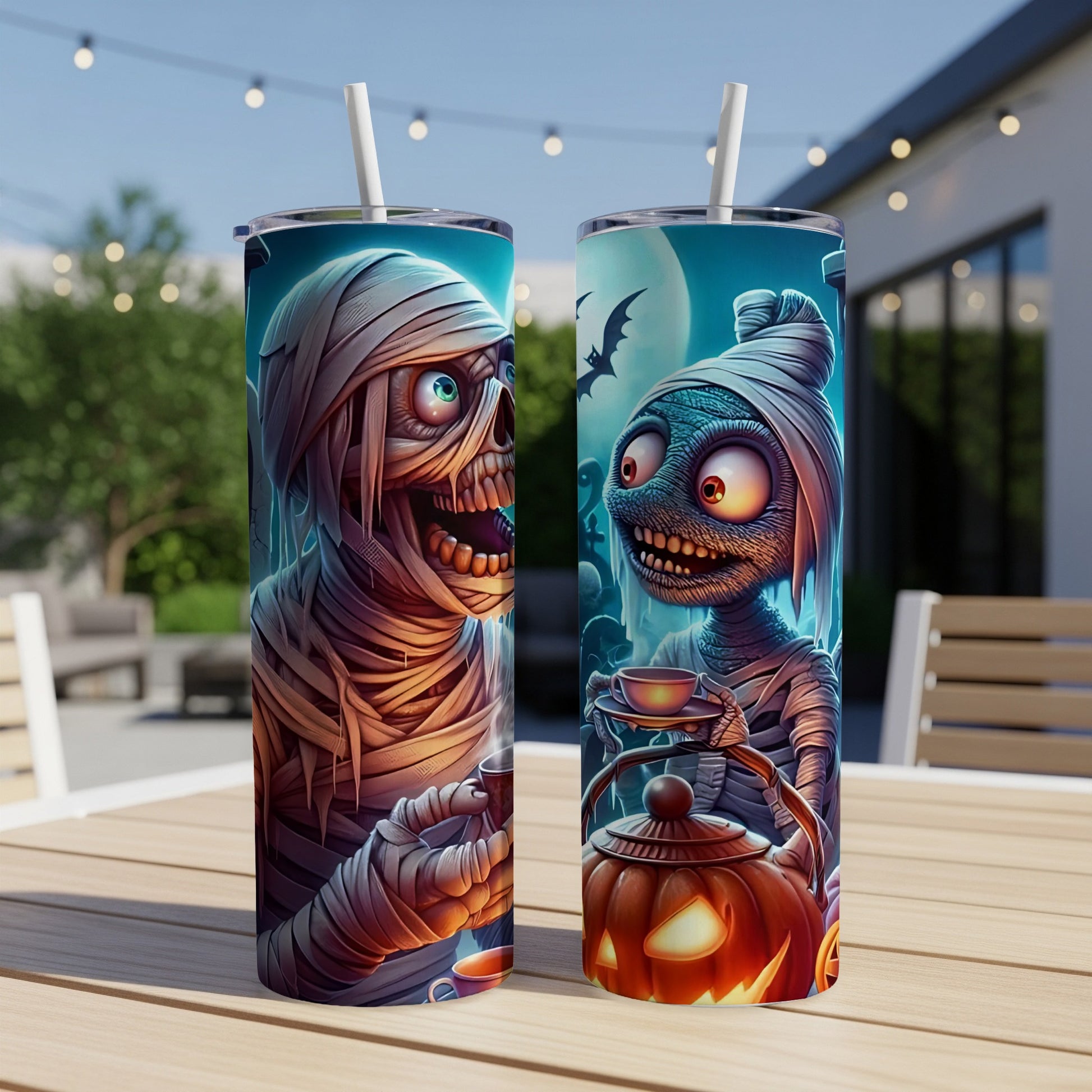 Two Halloween tumblers with mummy designs, one with a jack-o'-lantern.