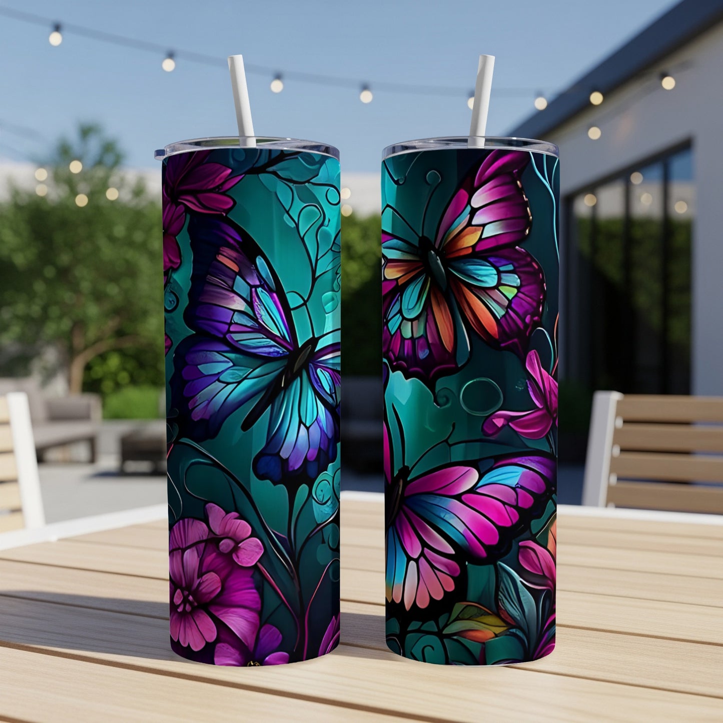 Two tumblers with colorful butterfly and floral designs on a patio table.