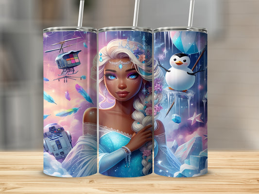 Three tumblers featuring Disney's Elsa, R2-D2, and a penguin on ice.