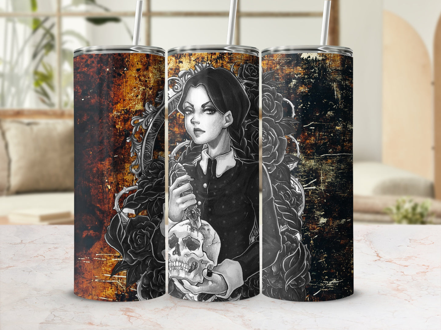 Gothic Art Girl with Skull and Roses Tumbler