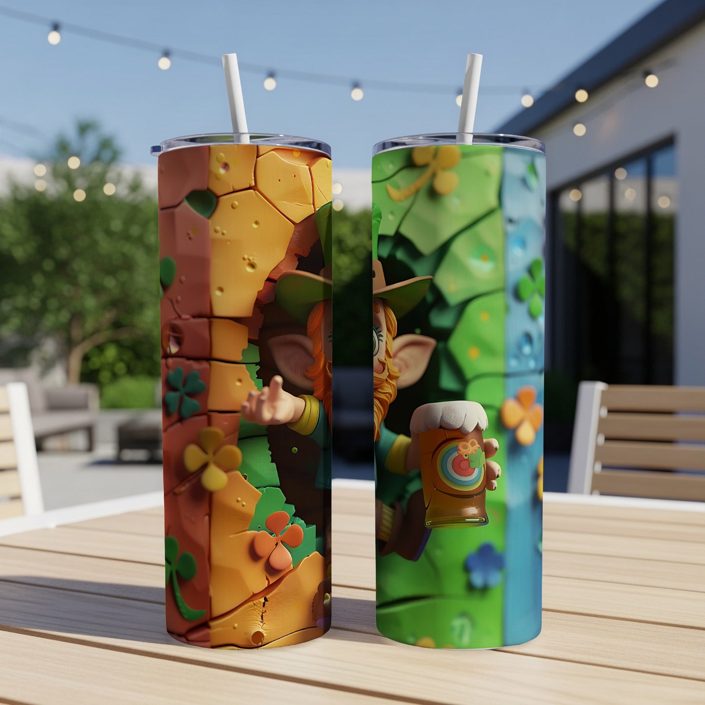 Leprechaun holding a drink on a colorful St. Patrick's Day tumbler.