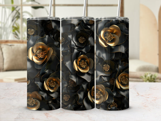 Black and gold floral pattern tumbler with straw.