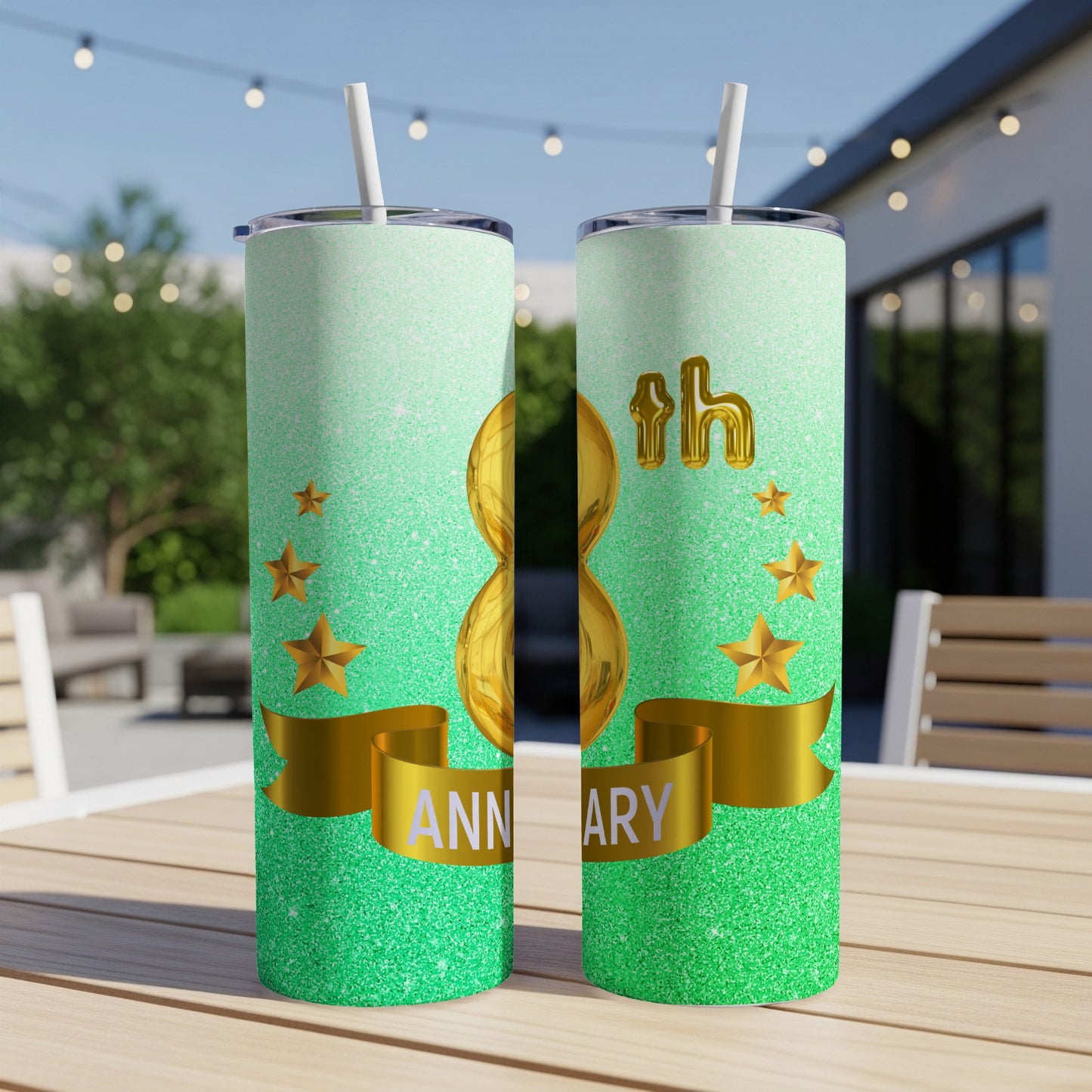 Green glitter tumbler with "8th ANNIVERSARY" text and gold stars.