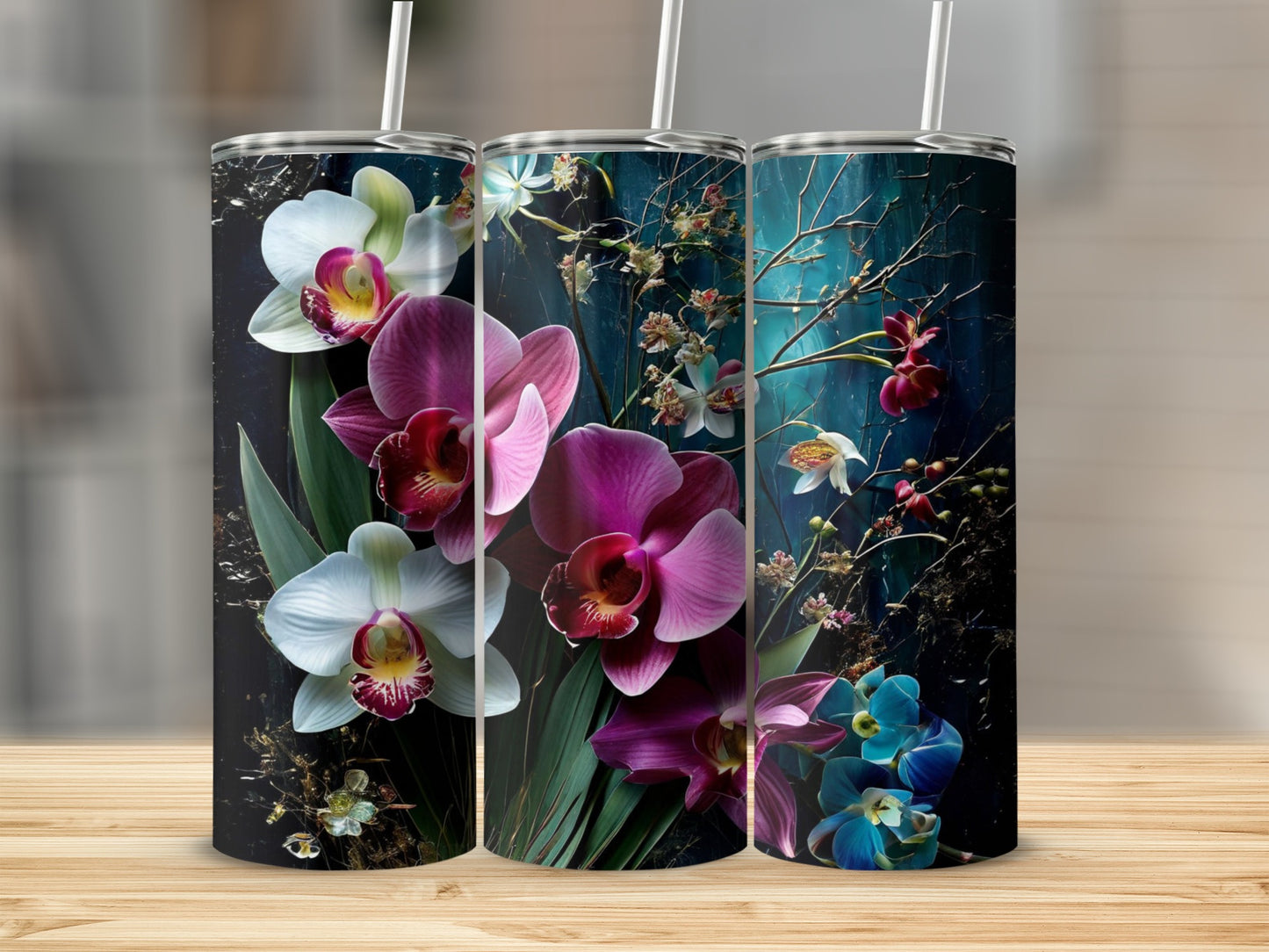 Floral design tumblers with orchids and dark foliage.