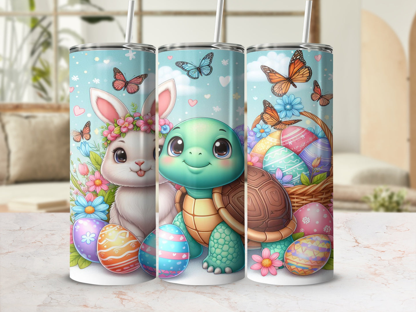 Easter bunny, turtle, and Easter eggs with butterflies on a light blue background.