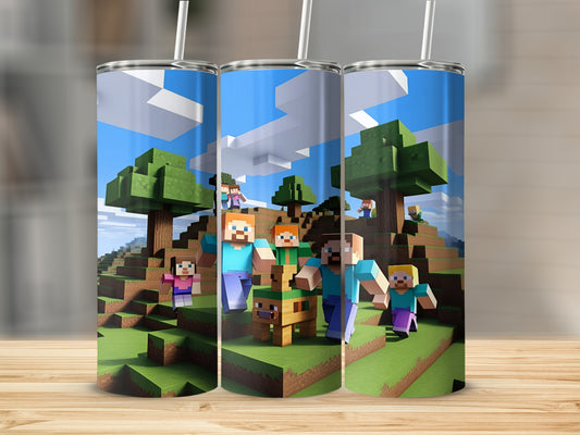 Minecraft characters Steve and Alex with children on grassy terrain.