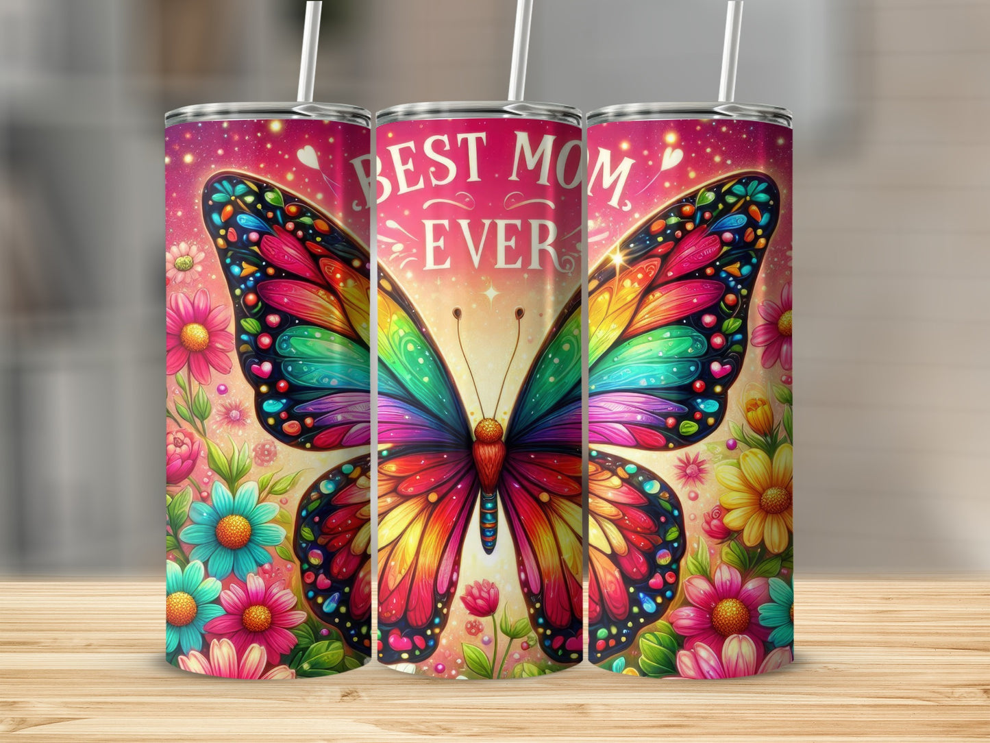 Colorful butterfly and flowers with "BEST MOM EVER" text on a tumbler.