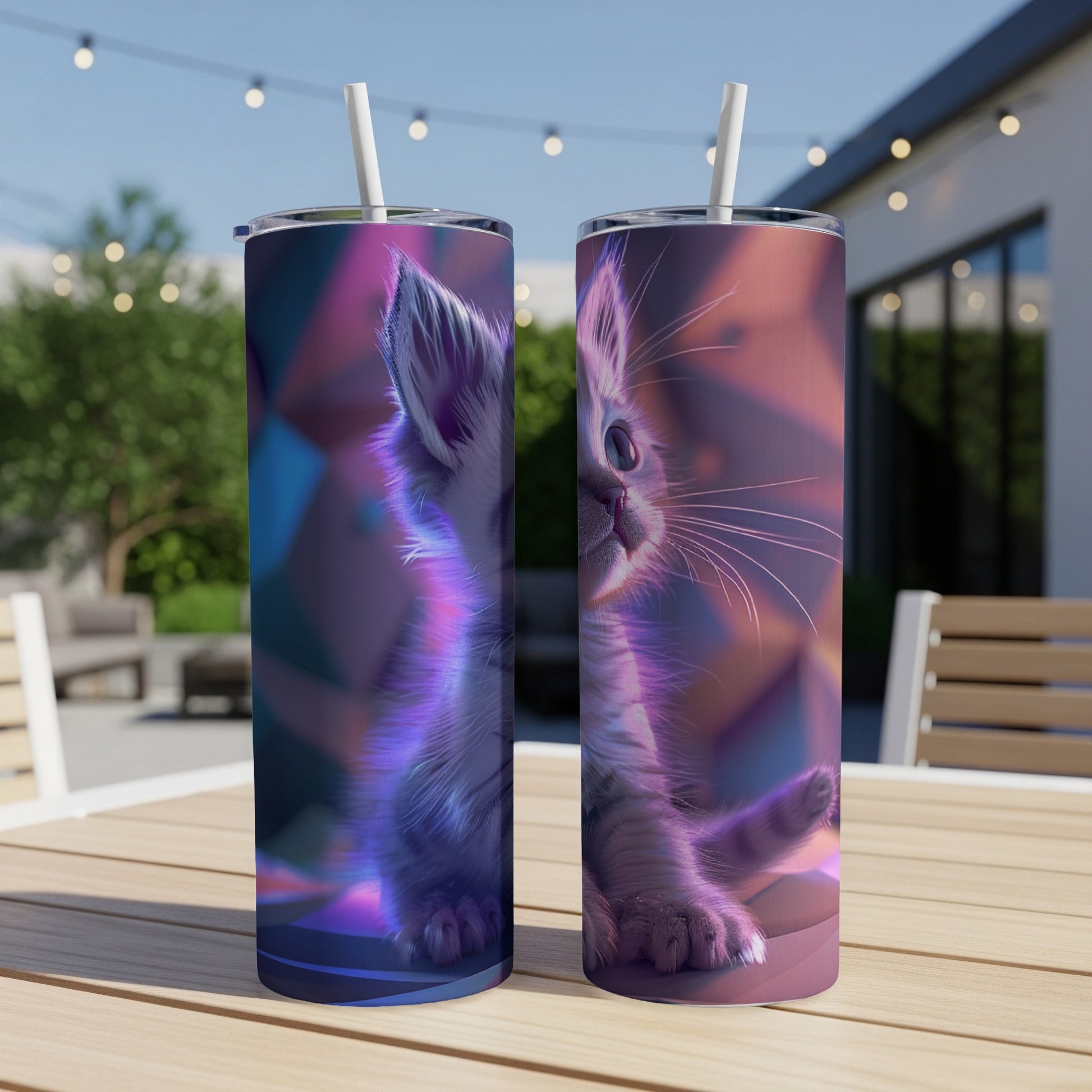 Two skinny tumblers with a futuristic cat illustration, on a table outdoors.