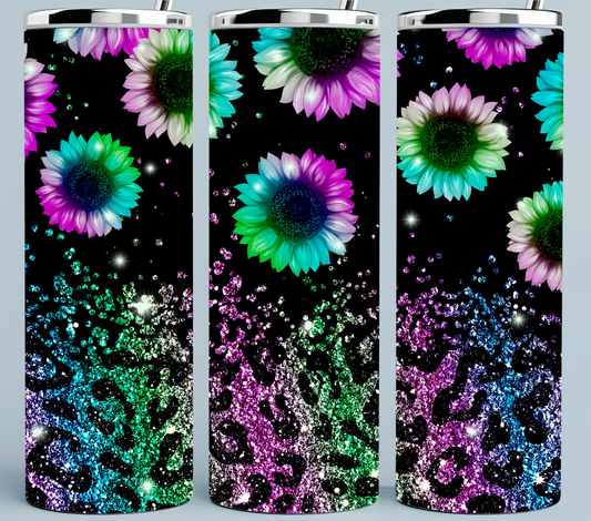 Teal and Pink Glitter Leopard Pattern Sunflower tumbler