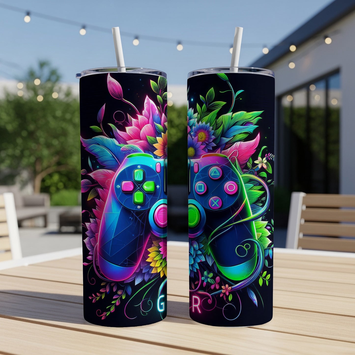 Two neon gaming controllers with vibrant floral accents.