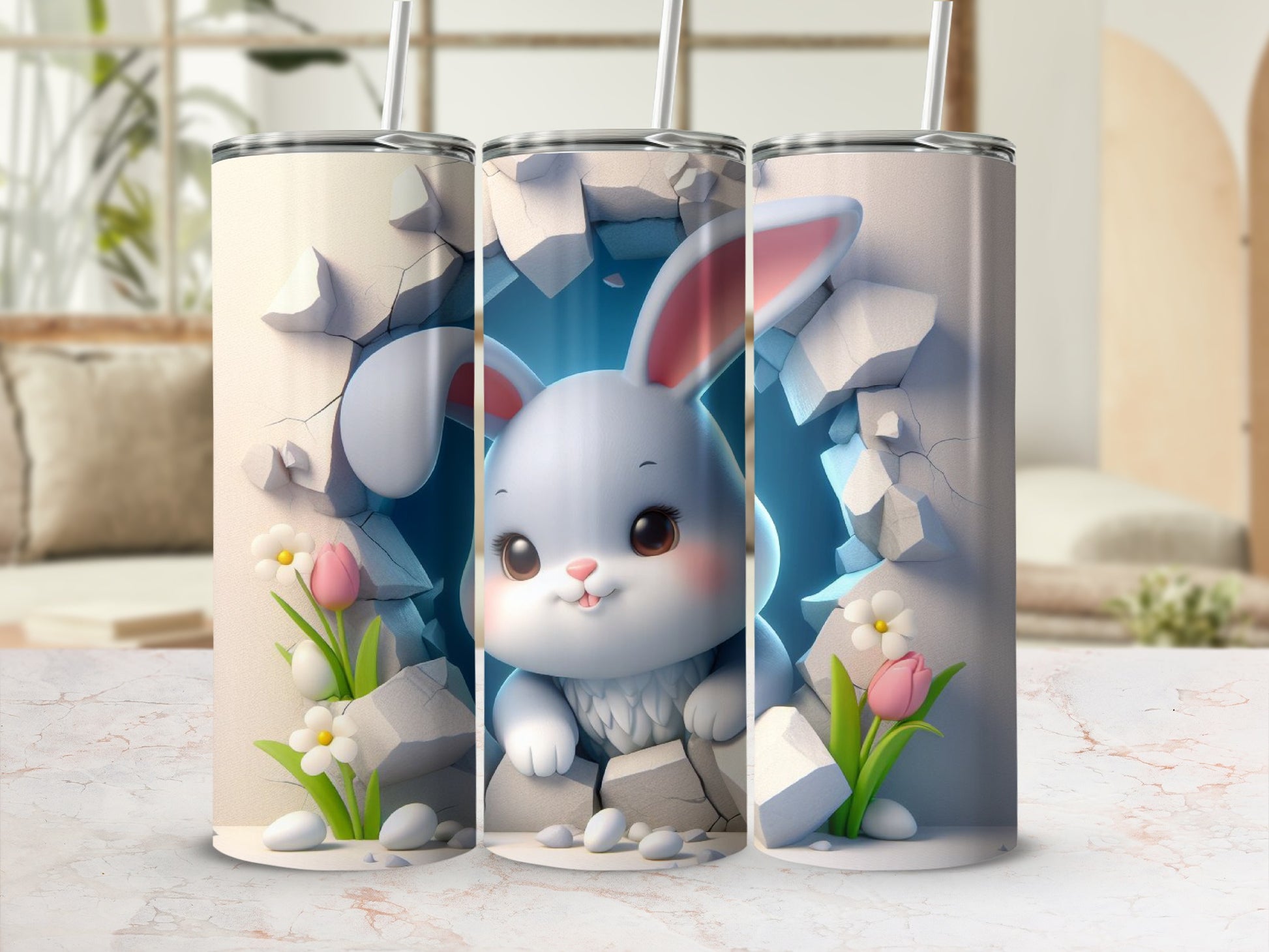 Cracked wall revealing cute cartoon bunny with pink ears and tulips.
