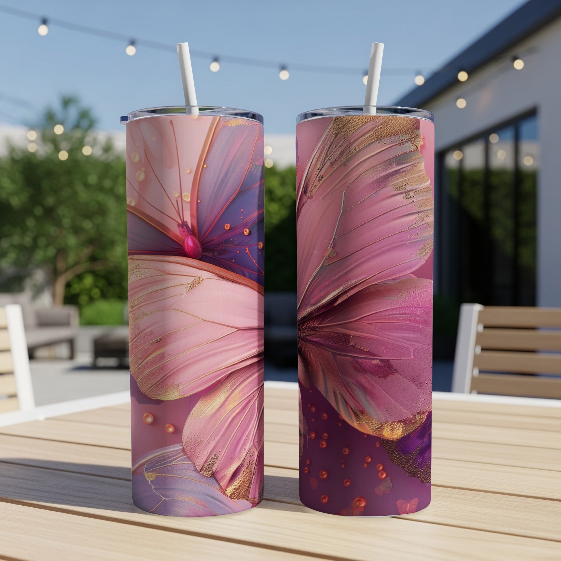 Two pink and purple floral tumblers with gold accents on a wooden table.