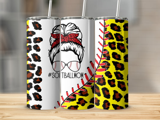 Tumbler with leopard print and #SOFTBALLMOM text.