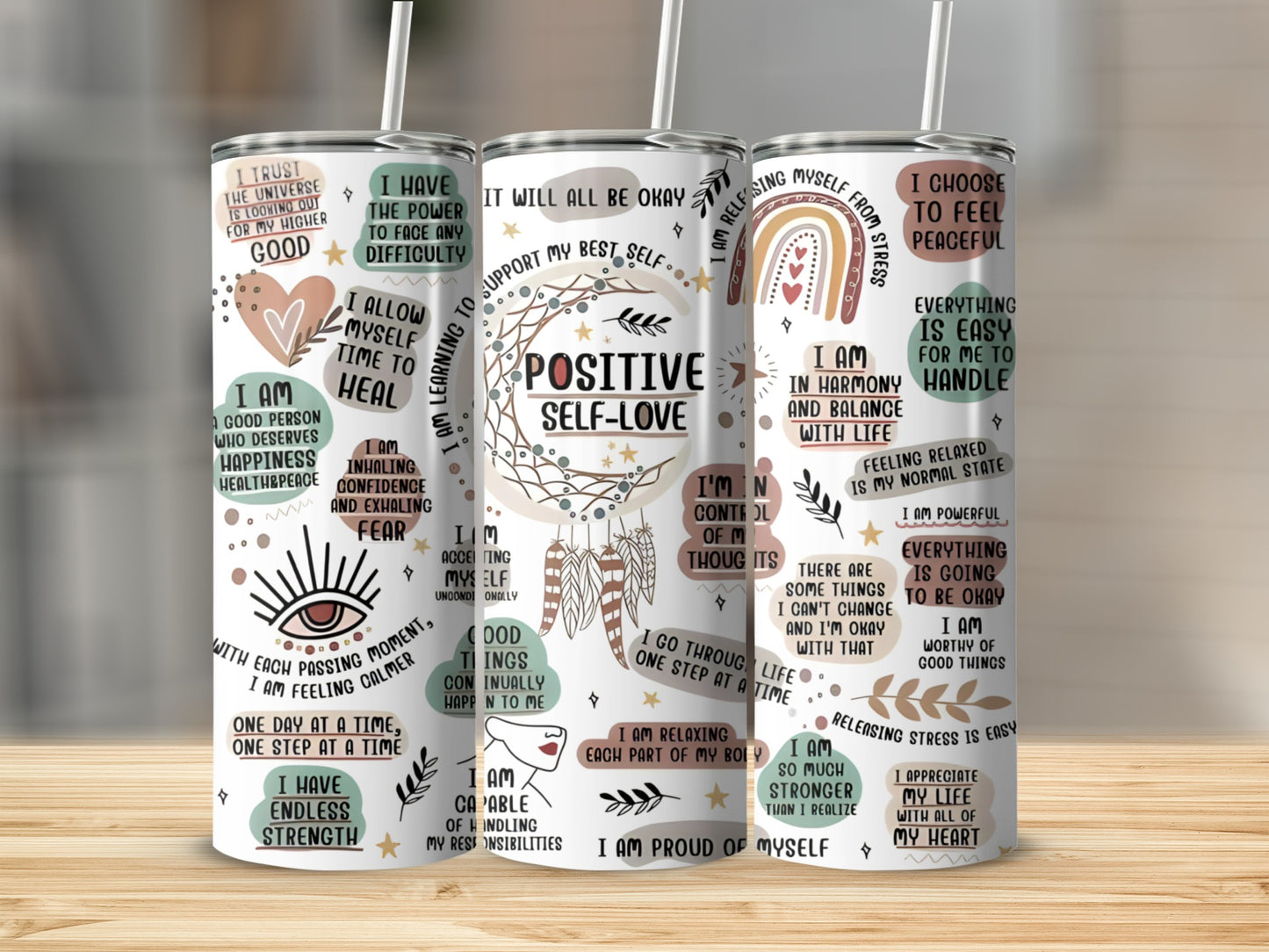Positive Self-Love mug with affirmations and watercolor designs.