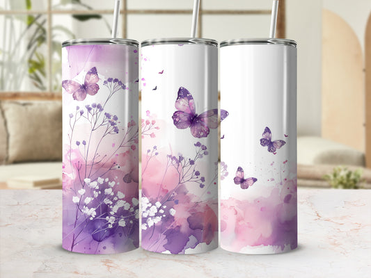 Three white tumblers with purple watercolor butterflies and flowers.