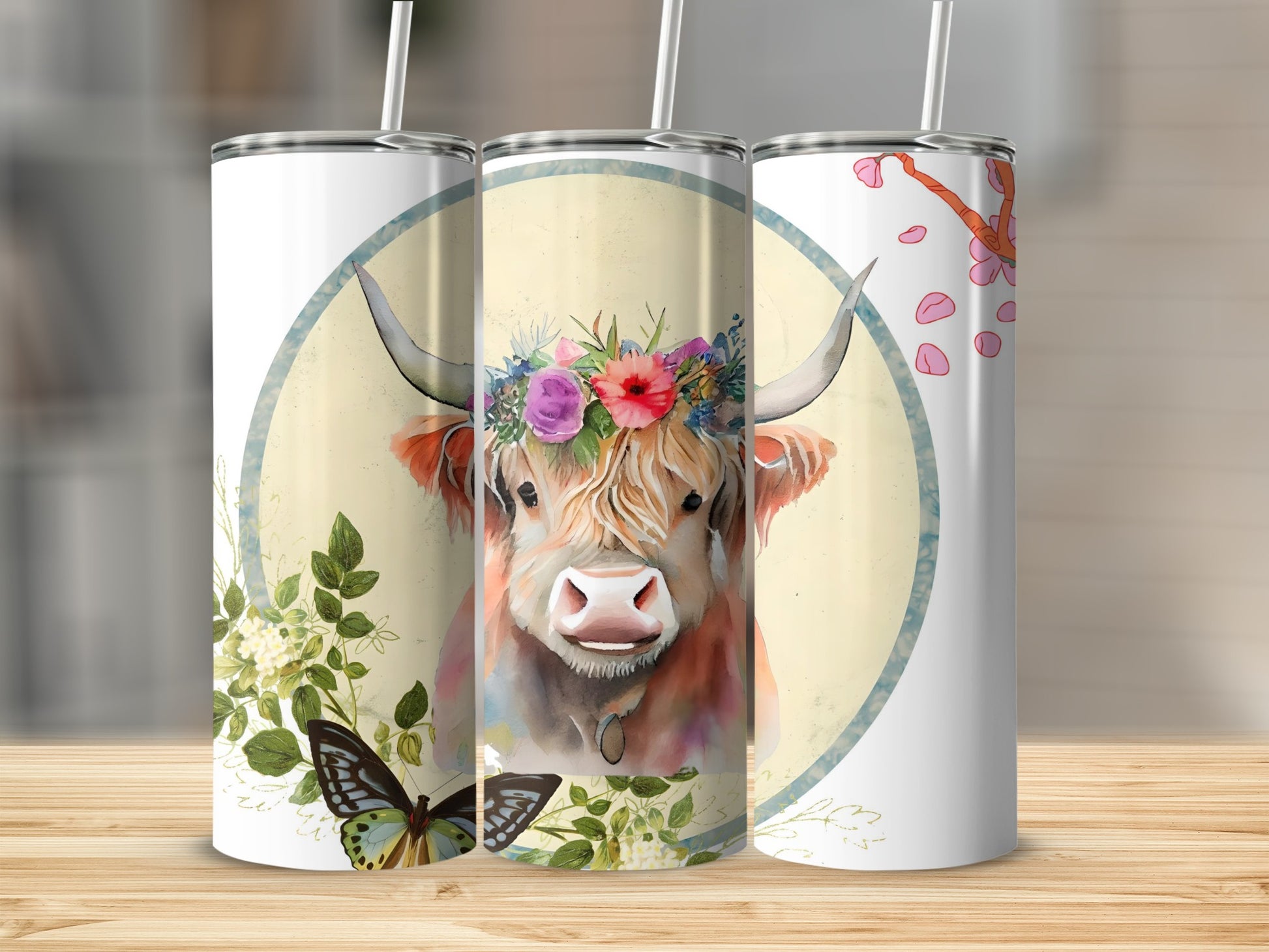 Floral Cow Art Print High-Quality Tumbler Cup