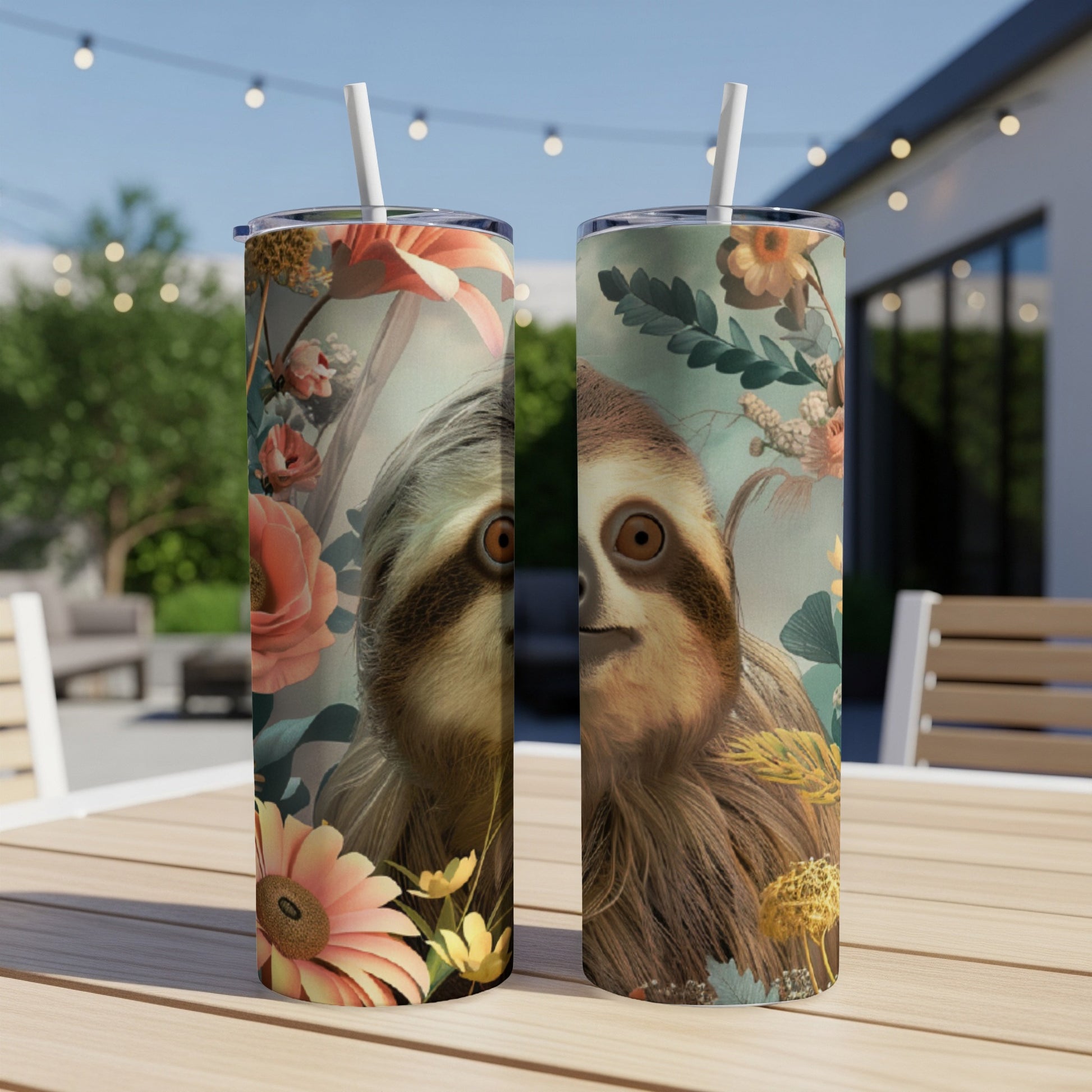 Sloth illustration on a double-sided insulated tumbler.