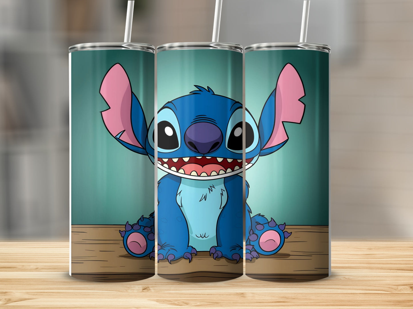 Blue Stitch character with big ears and wide smile on a wooden surface.