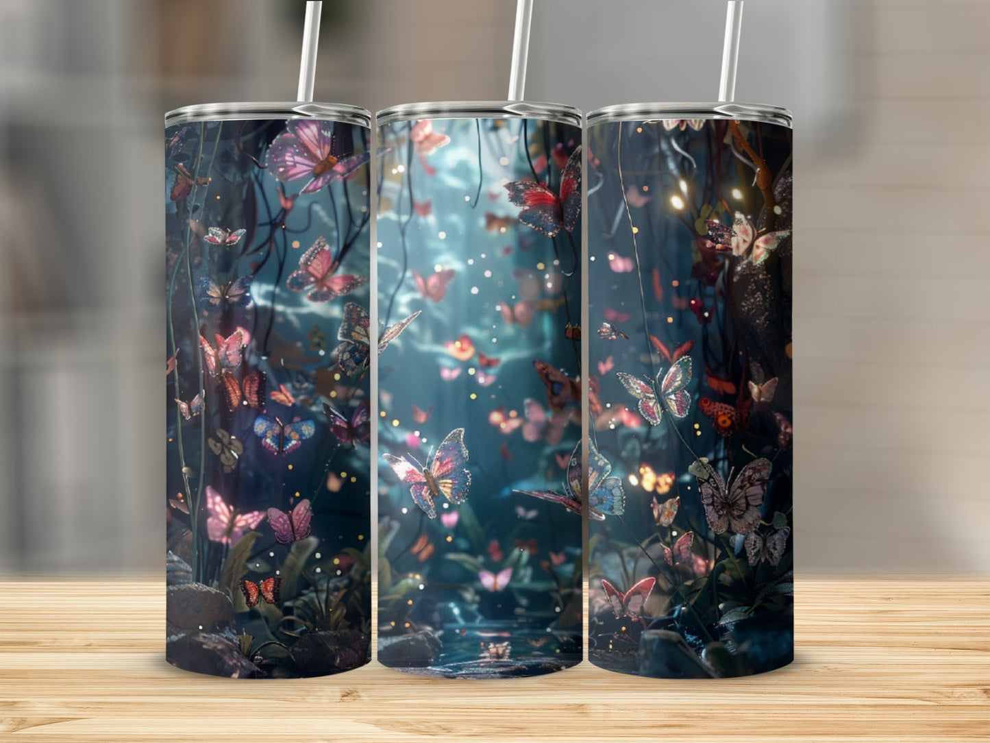 Three tumblers with magical glowing butterflies and fireflies.
