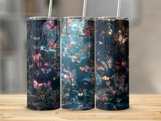 Three tumblers with magical glowing butterflies and fireflies.