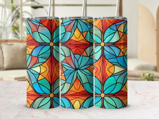 Three stained glass pattern tumblers with floral motifs in vibrant colors.