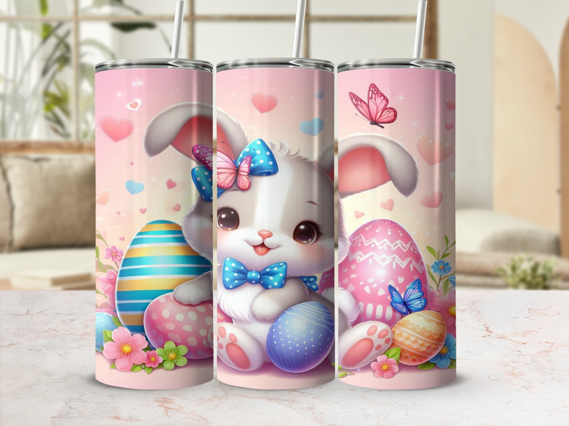 Easter bunny with decorated eggs and butterflies, pink background.