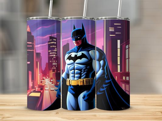 Batman standing against a city skyline, a superhero illustration.