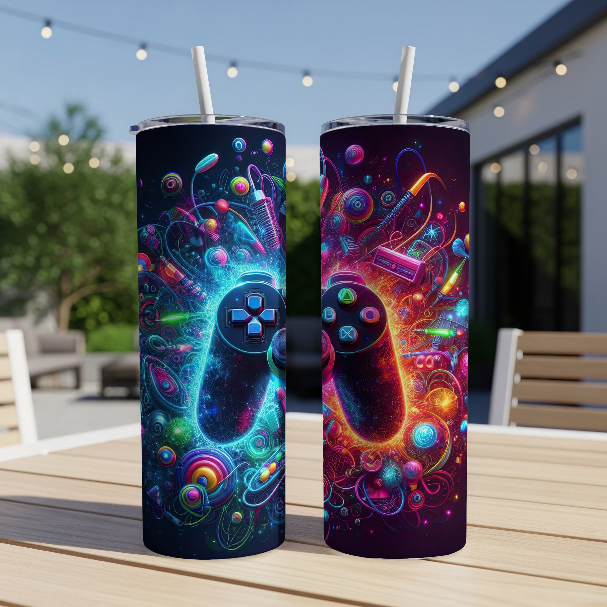 Two tall tumblers with colorful neon gaming controller designs and straws.