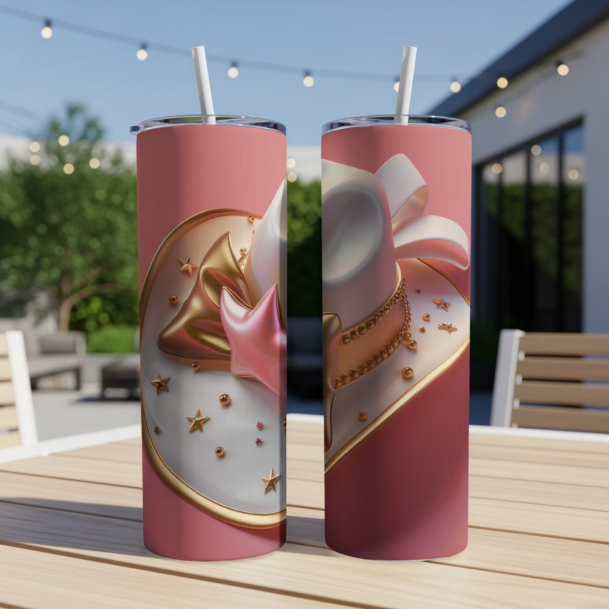 Two pink tumblers with gold star and bow designs displayed on a wooden table.