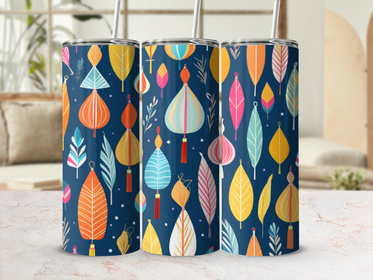 Three blue tumblers with colorful falling leaf and lantern pattern.