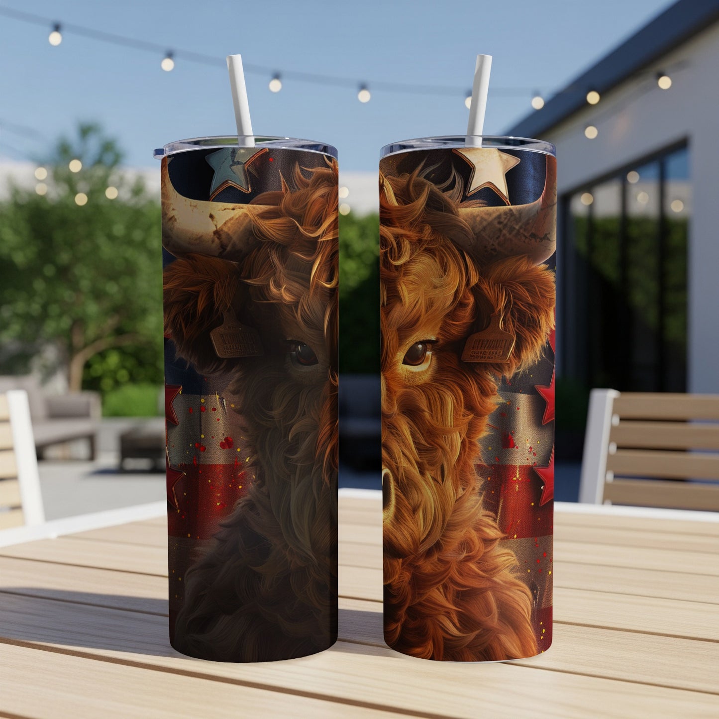 Highland cow with American flag on a patterned tumbler.