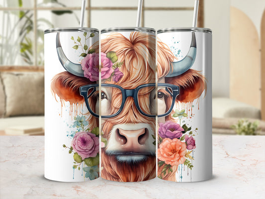 Highland cow wearing glasses, adorned with pink and purple flowers.