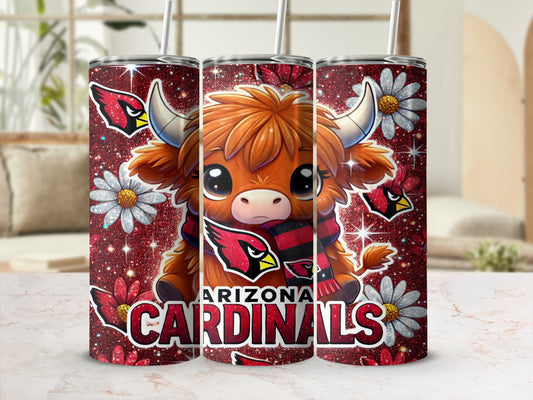 Arizona Cardinals Highland cow with flowers and glitter.