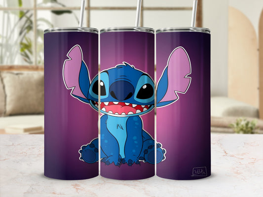 Blue Stitch character illustration on a purple gradient background.