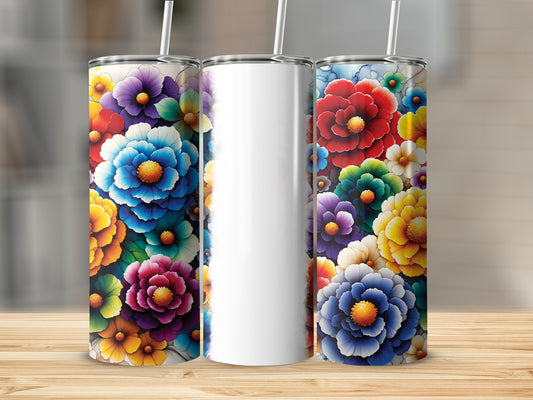 Two tumblers with colorful floral designs on a wooden surface.