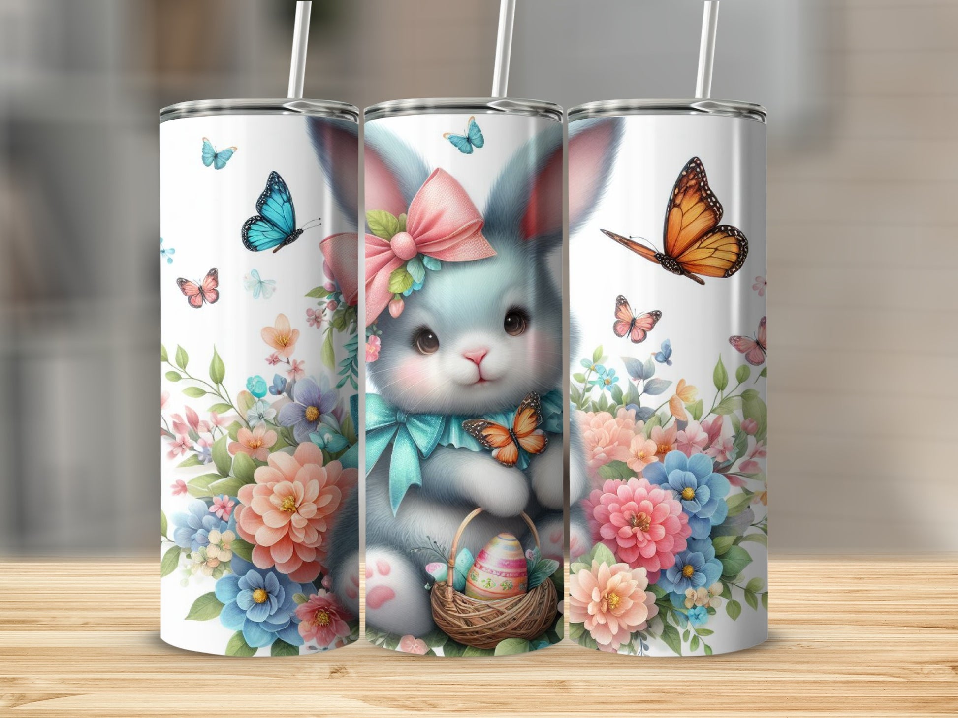 Cute cartoon Easter bunny holding basket with egg, surrounded by flowers and butterflies.