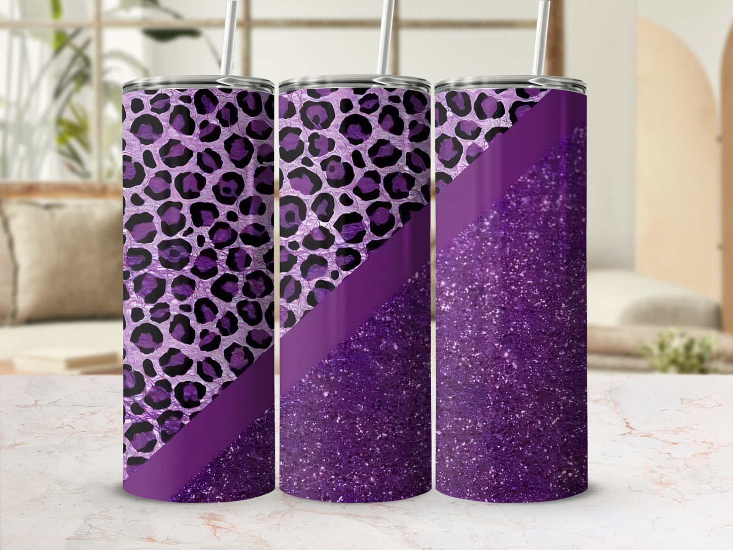 Purple leopard print and glitter tumbler with straw.