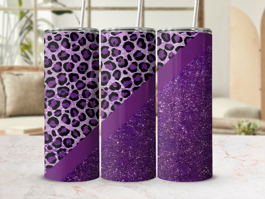 Purple leopard print and glitter tumbler with straw.