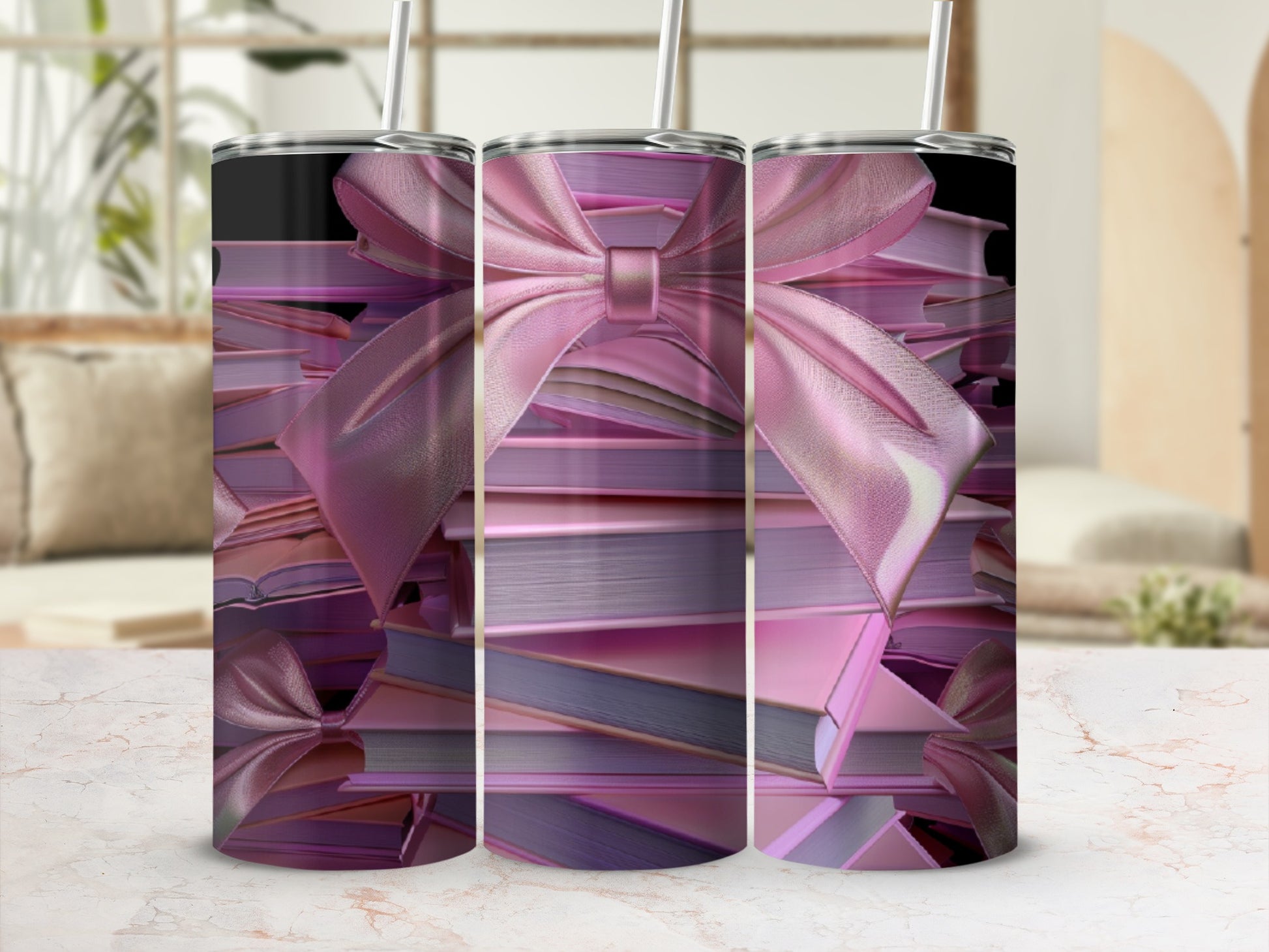 Stack of pink books tied with a large pink satin bow.