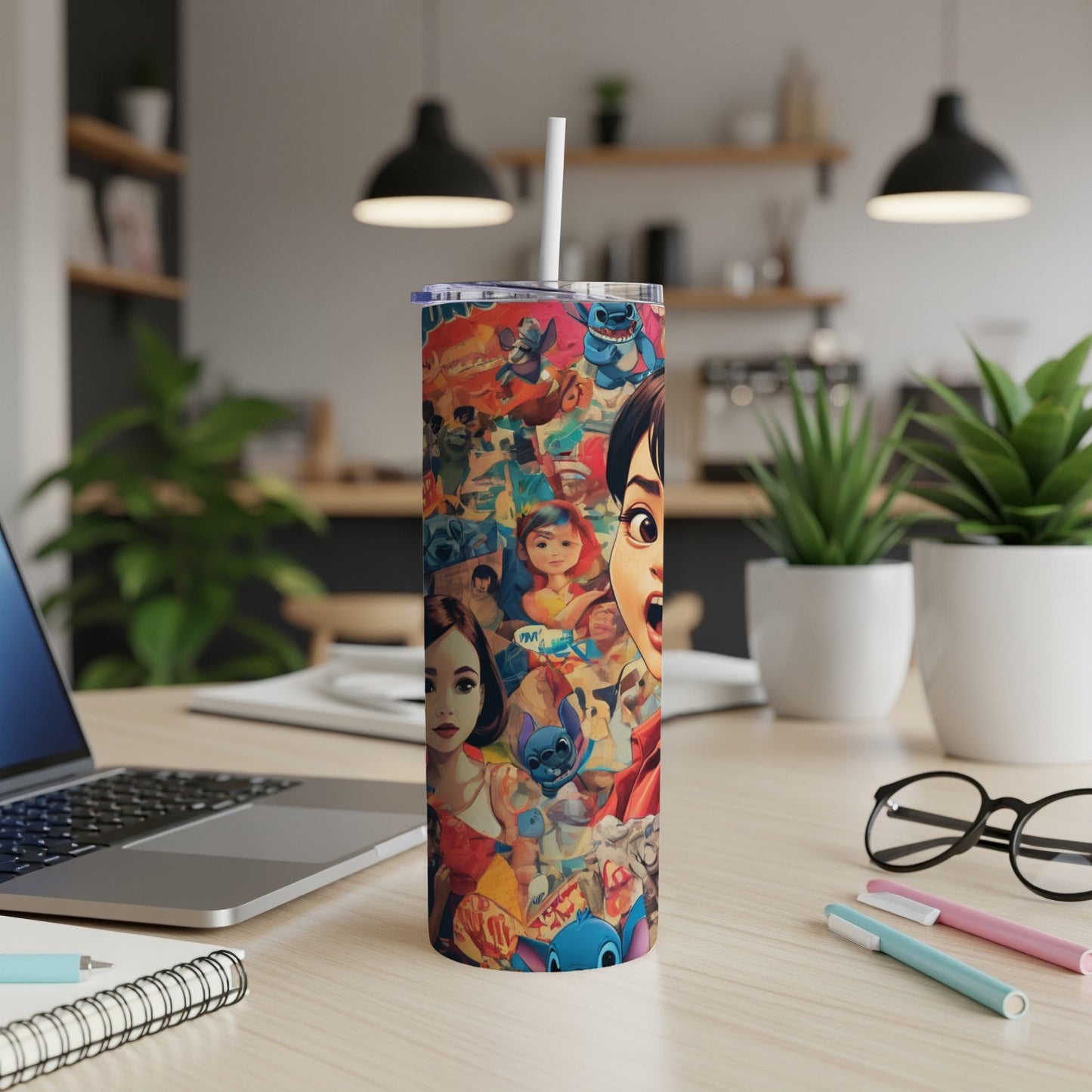 Tall tumbler with Disney characters including Stitch and Mulan, on a desk.