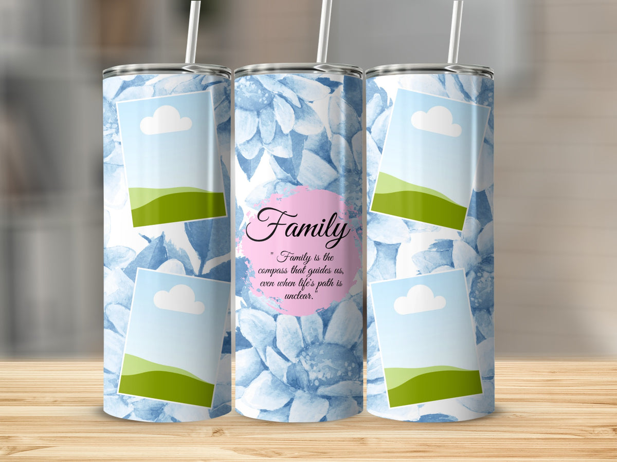 Three tumblers with a blue floral watercolor pattern and inserted photo frames.