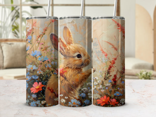 Three tumblers with a watercolor bunny and floral design.
