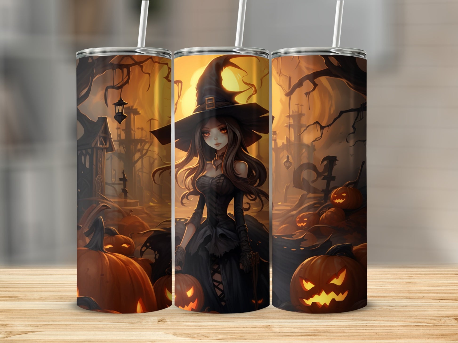 Three tumblers with a Halloween theme featuring a witch and pumpkins.